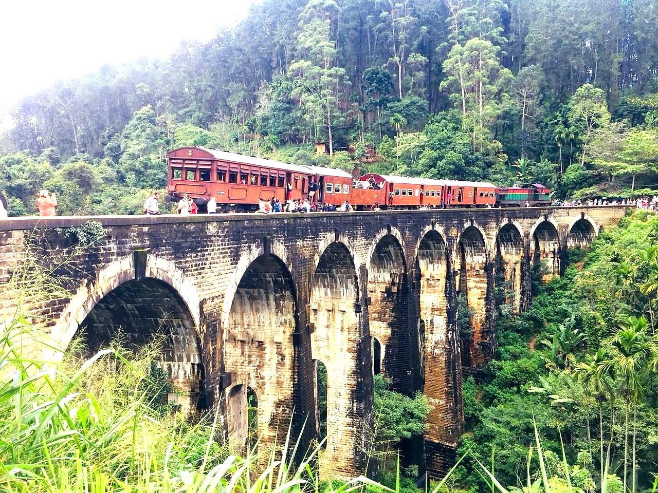 A train crossing the Nine Arch Bridge in Ella, on the Hill Country and Heritage Trail tour